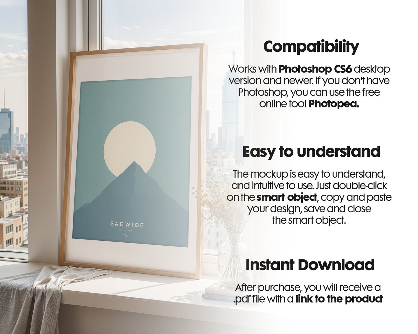 Frame Leaning On Window Sill Mockup | Mockup PSD Smart Object Interior Mockup Frame Mockup PSD Template