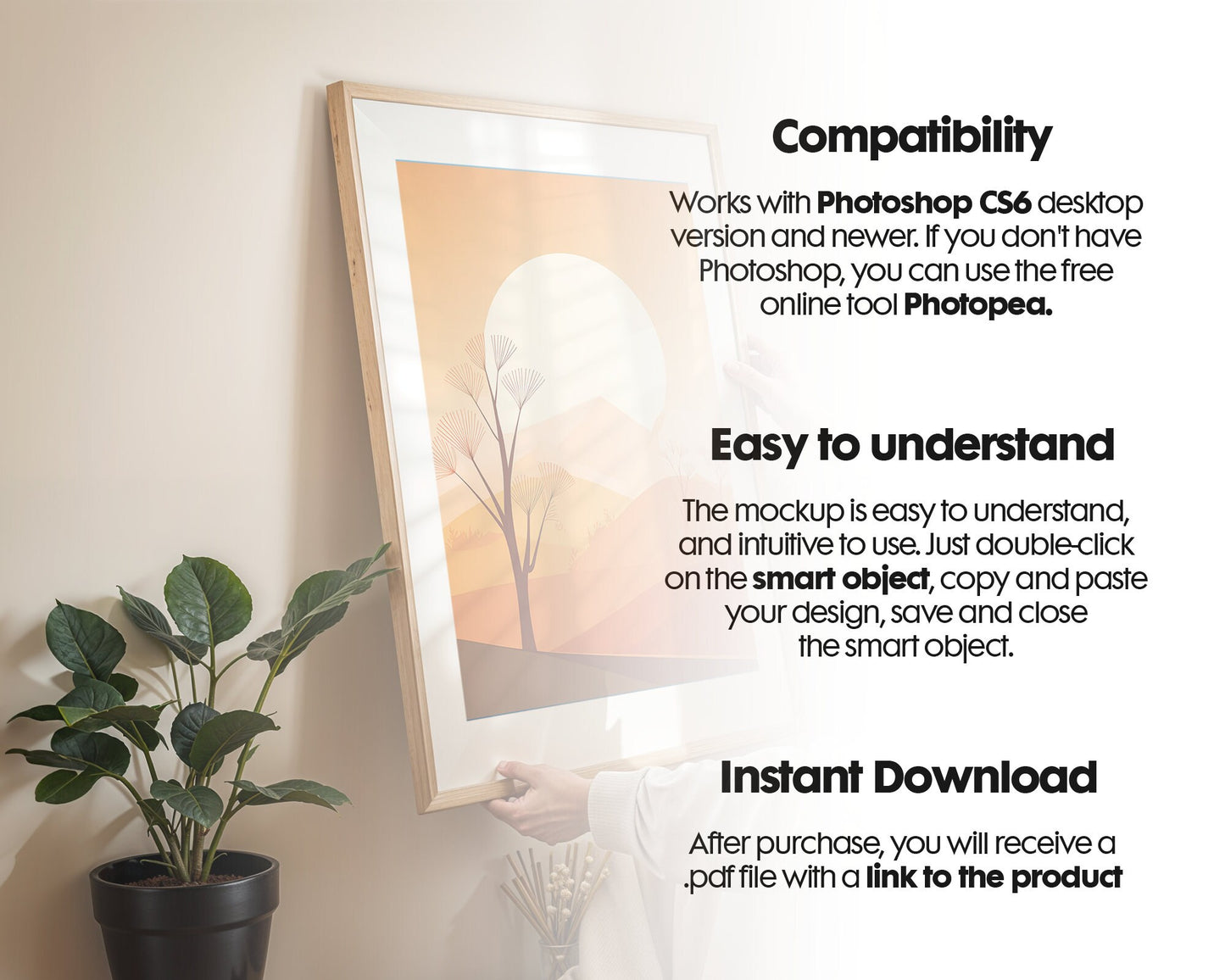 Woman Holding Frame Mockups | Landscape Horizontal Wood Frame Mockup with person | Digital Prints, and Poster Shop Mockup