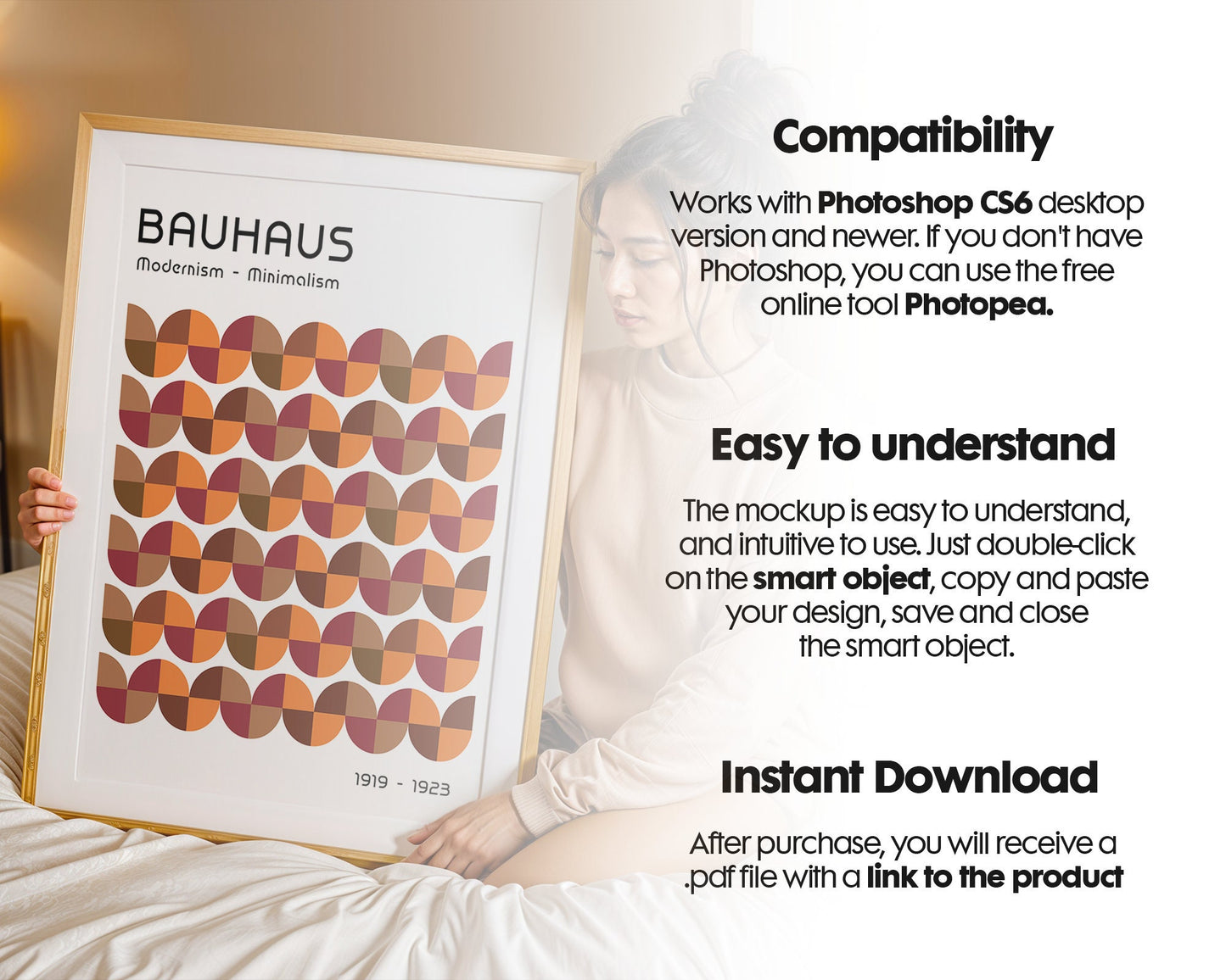 Frame Mockup With Person, PSD Photoshop Mockup, Frame Mockup Home Interior, Bedroom Frame Mockup Woman