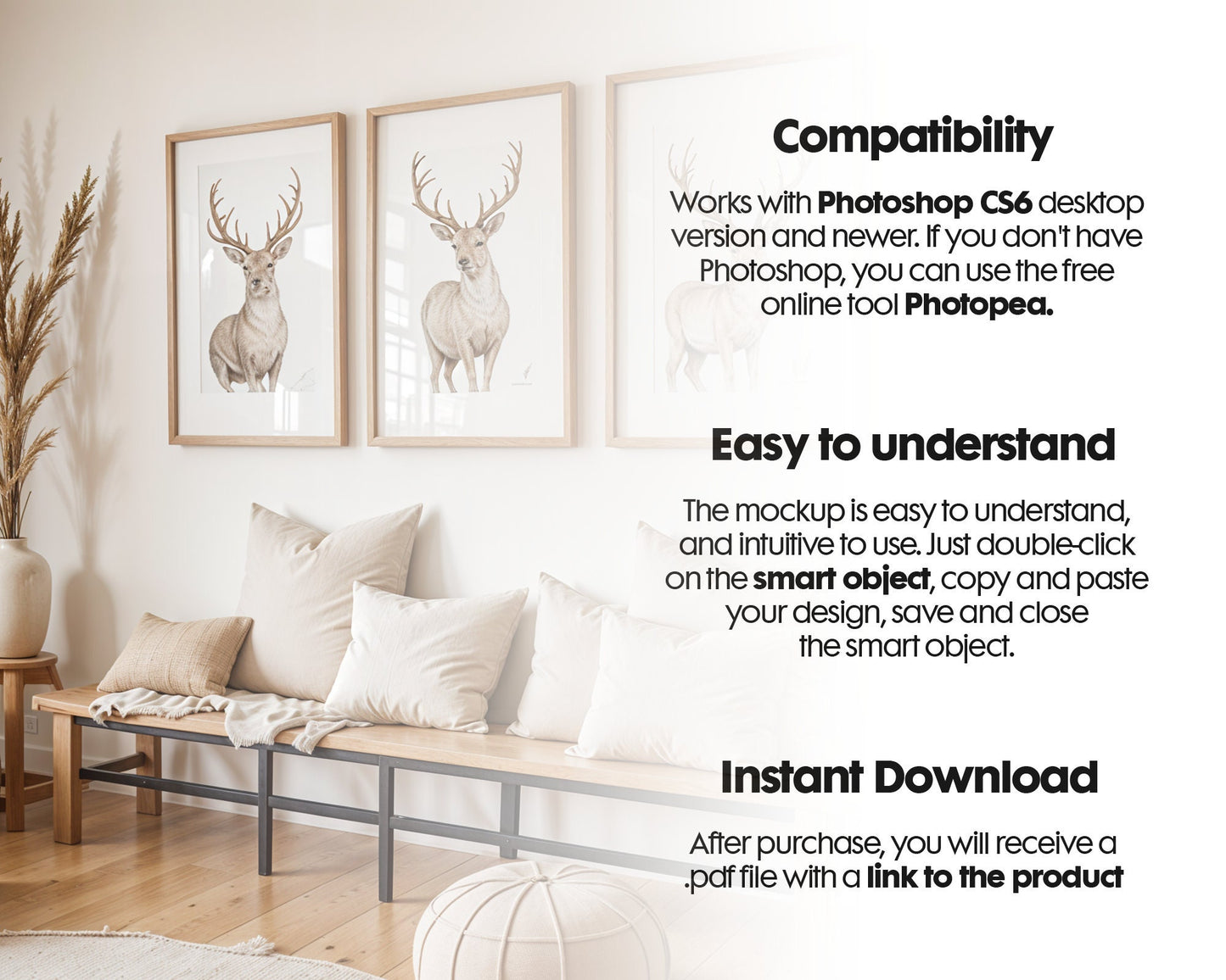 3 Frame Mockup in Home Interior PSD | 3 Frame Mockup Frames | Interior Wall Poster | Interior Poster Shop Mockup