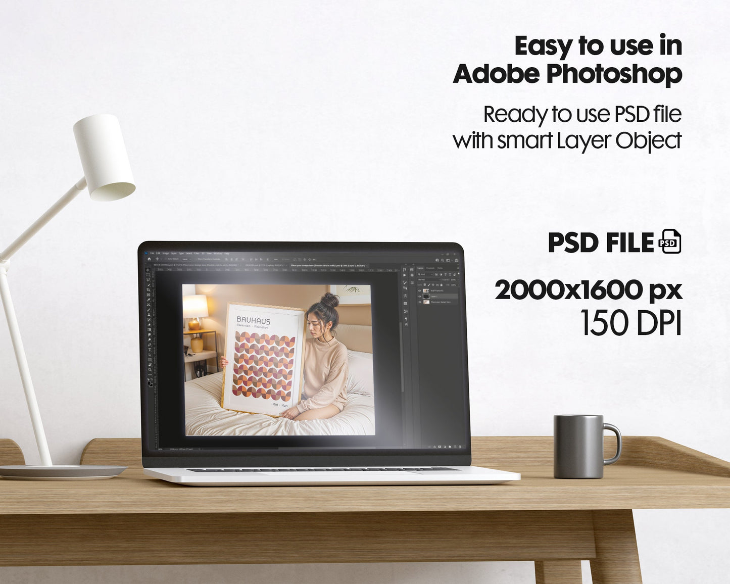 Frame Mockup With Person, PSD Photoshop Mockup, Frame Mockup Home Interior, Bedroom Frame Mockup Woman