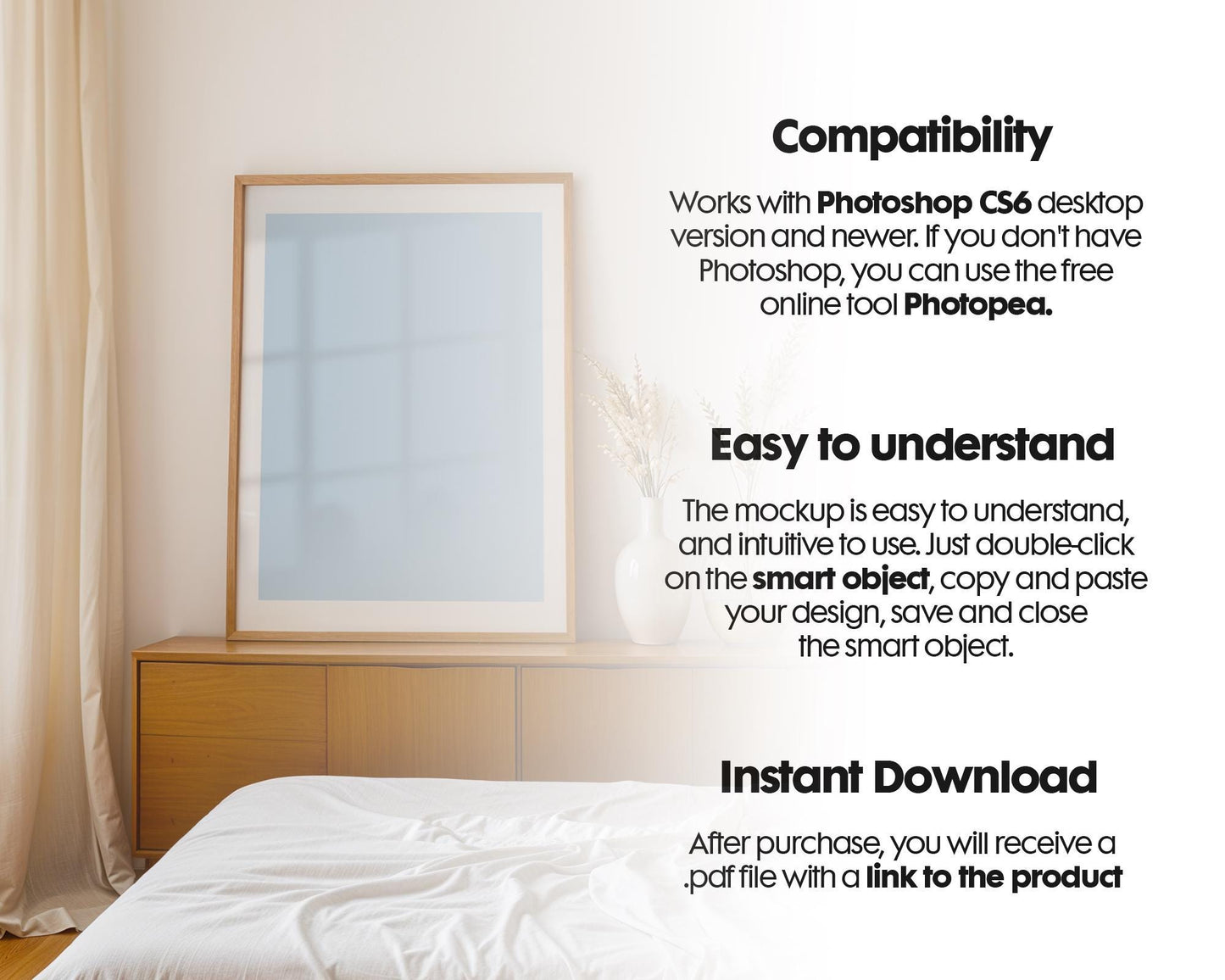 Bedroom Frame Mockup PSD, Soft Aesthetic Bedroom Mockup Frame, Vertical Frame Mockup Bedroom, Glass Reflection Mockup, PSD Smart Object