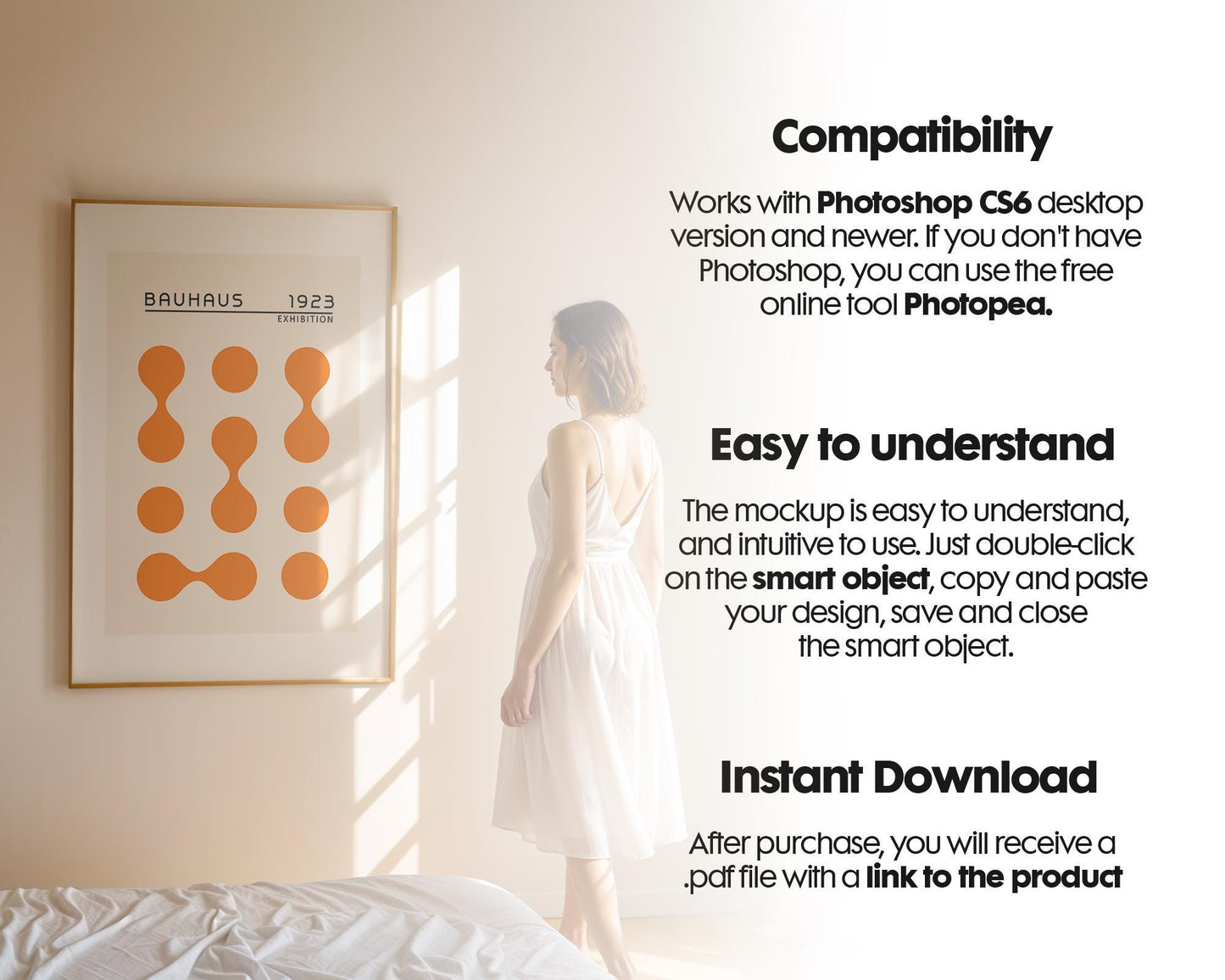 Frame Mockup with Person, Frame Mockup Bedroom, Vertical Frame Mockup Bedroom, Glass Reflection Mockup, PSD Smart Object