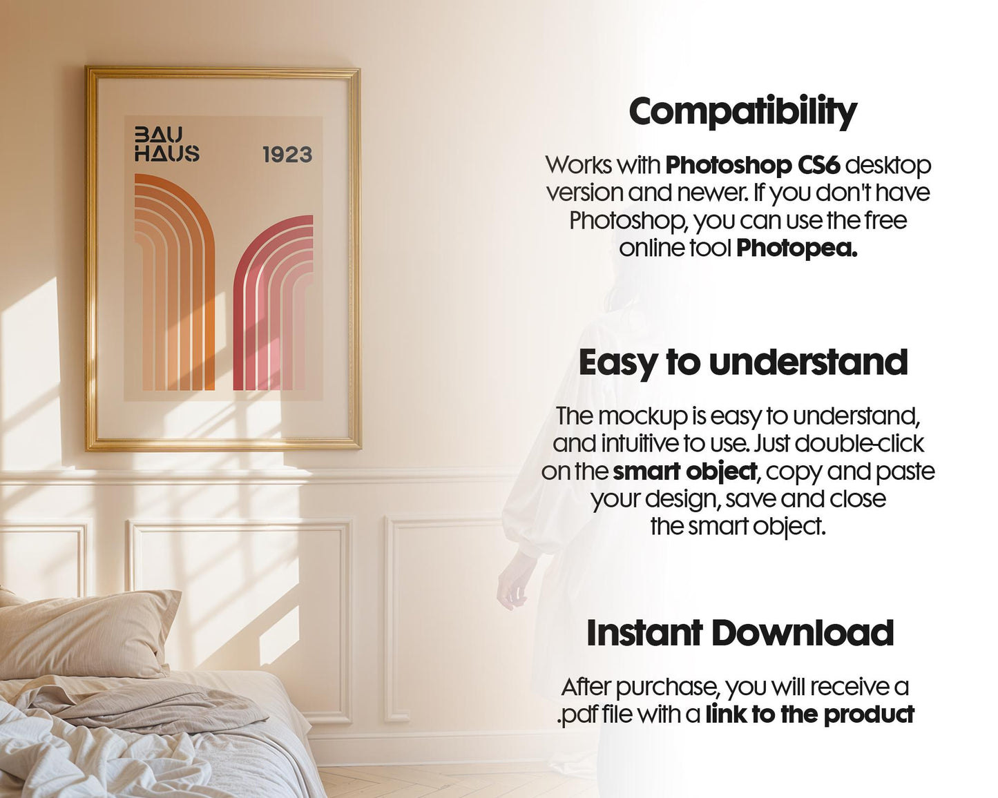 Frame Mockup with Person, Frame Mockup Bedroom, Vertical Frame Mockup Bedroom, Glass Reflection Mockup, PSD Smart Object