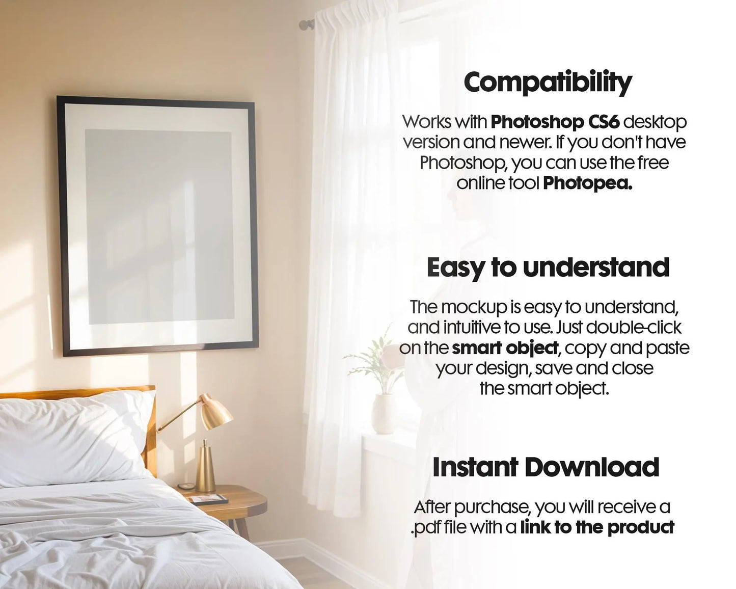 Frame Mockup with Person, Frame Mockup Bedroom, Vertical Frame Mockup Bedroom, Glass Reflection Mockup, PSD Smart Object