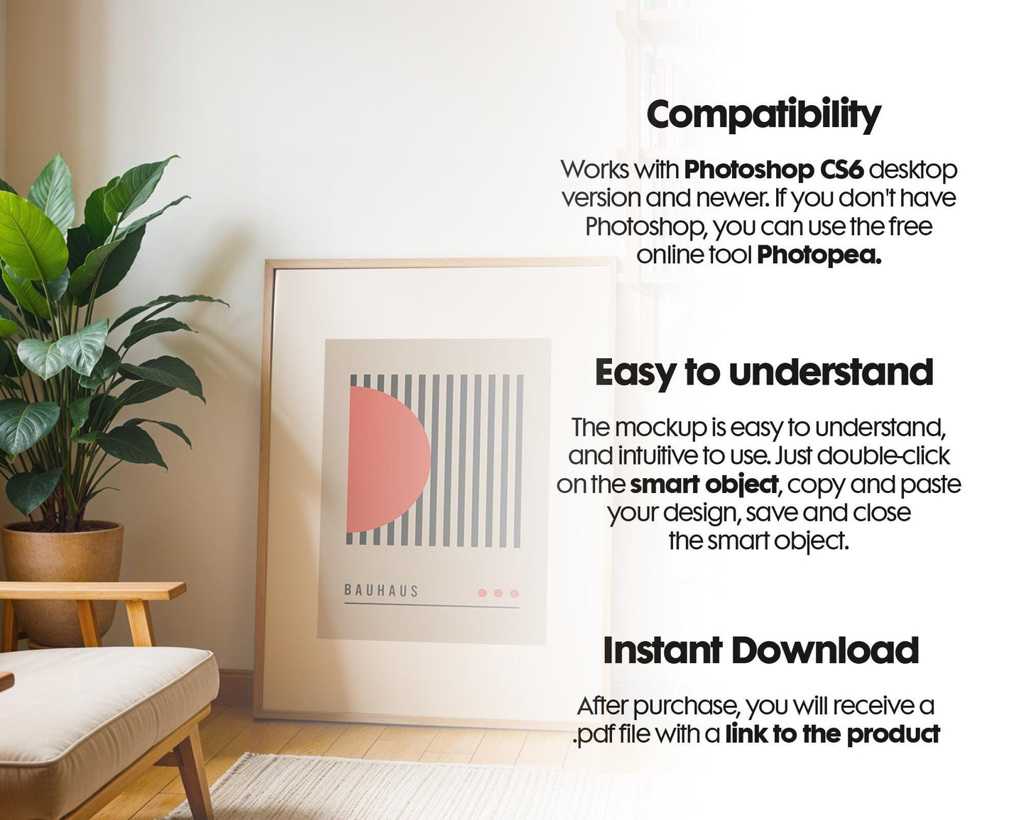 Boho Frame Mockup PSD, Scandinavian Wooden Frame Mockup, Poster Mockup PSD , Frame Mockup for Print, Frame Mockup Smart Object
