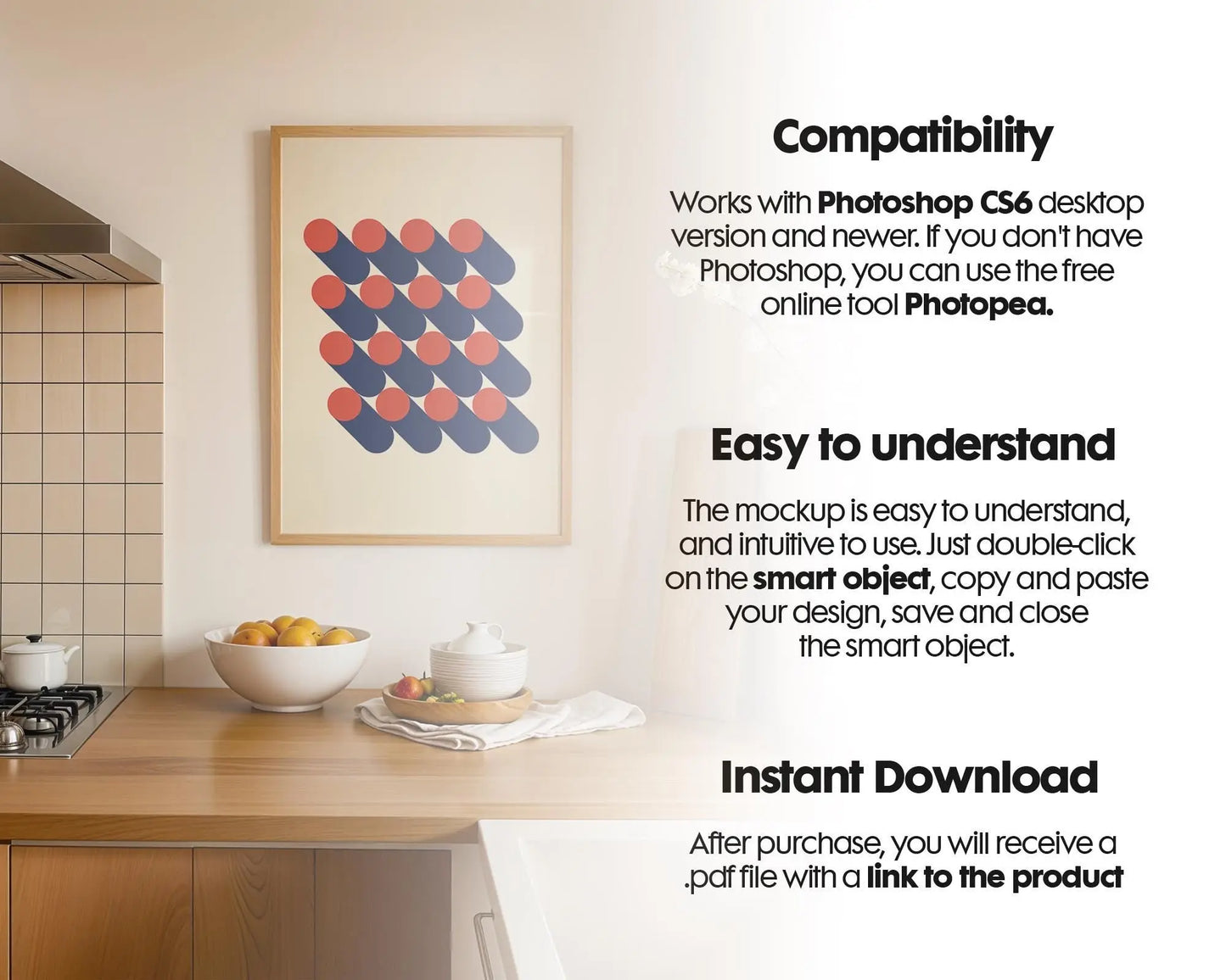 Frame Mockup in Kitchen, ISO A DIN Ratio, Thin Wood Frame, PSD Mockup, Minimal Modern Home Interior Design Mockup