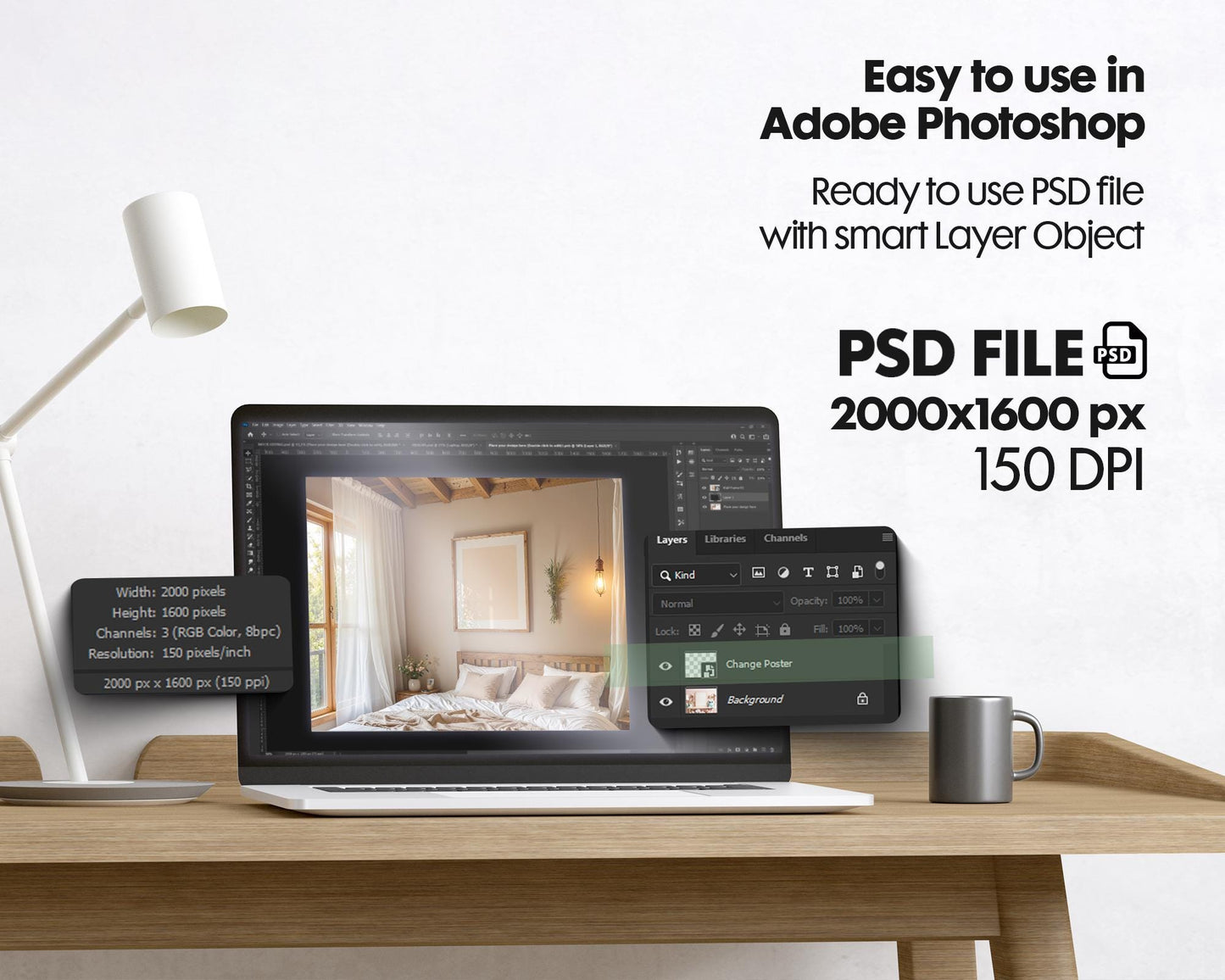 Frame Mockup in Bedroom, ISO A DIN Ratio, Thin Wood Frame, PSD Mockup, Frame Mockup Minimal Home Interior