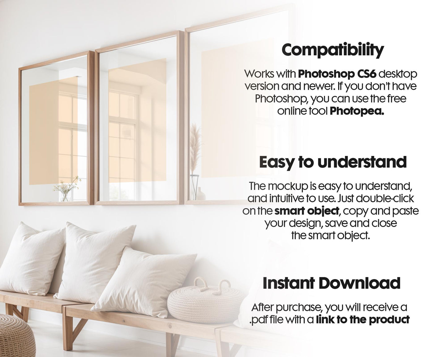 3 Frame Mockup in Home Interior PSD | 3 Frame Mockup Frames | Interior Wall Poster | Interior Poster Shop Mockup