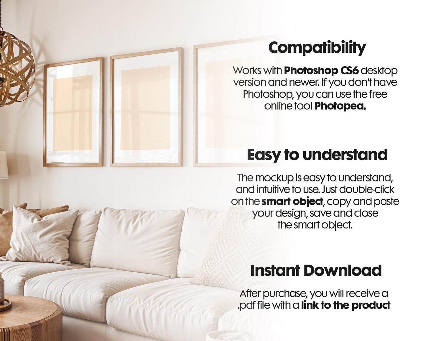 3 Frame Mockup in Home Interior PSD | 3 Frame Mockup Frames | Interior Wall Poster | Interior Poster Shop Mockup