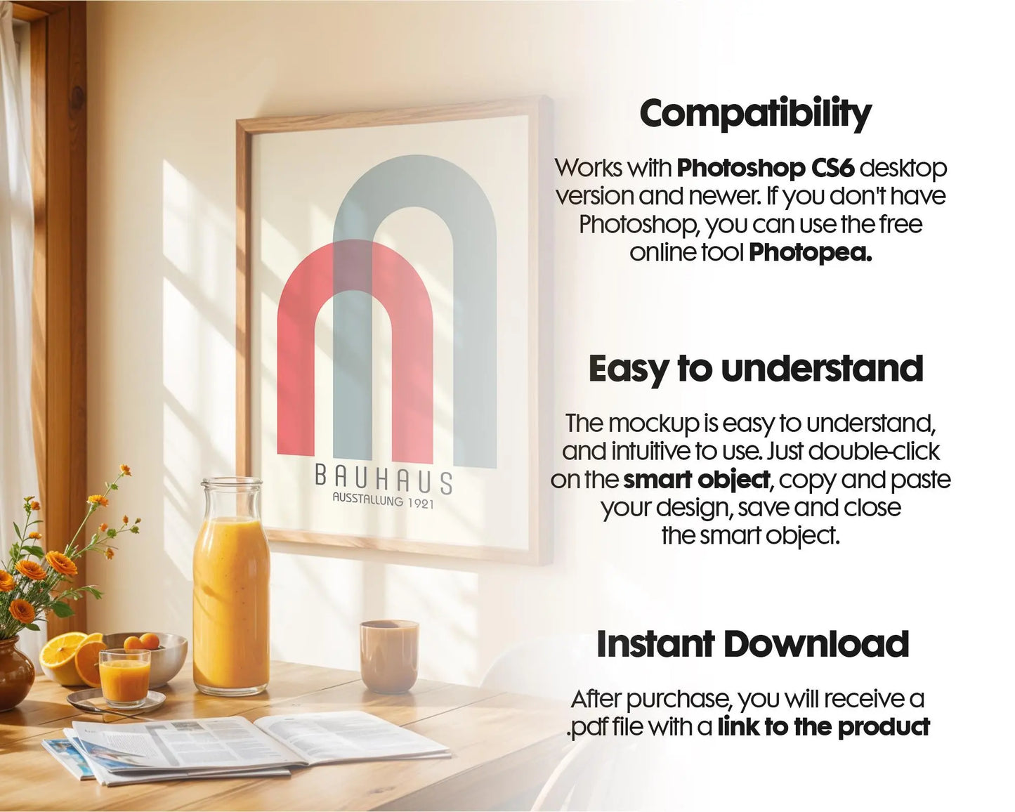 Frame Mockup in Kitchen, ISO A DIN Ratio, Thin Wood Frame, PSD Mockup, Minimal Modern Home Interior Design Mockup