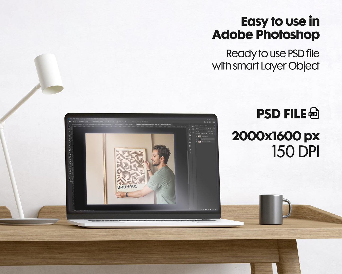 Frame Mockup With Person, Minimal Wooden Frame Mockup, PSD Frame Mockup Home Interior with Man, Father holding frame