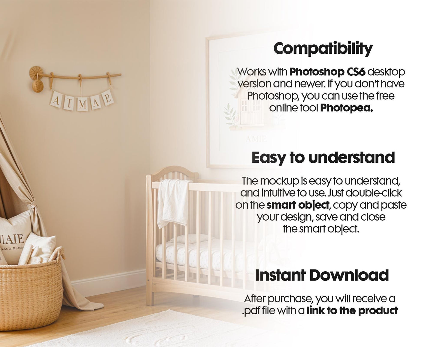 Frame Nursery Mockup in Home Interior PSD | Nursery Frame Mockup | Children Room Frame | PSD Smart Object