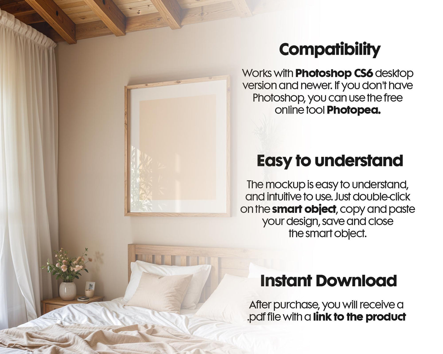 Frame Mockup in Bedroom, ISO A DIN Ratio, Thin Wood Frame, PSD Mockup, Frame Mockup Minimal Home Interior