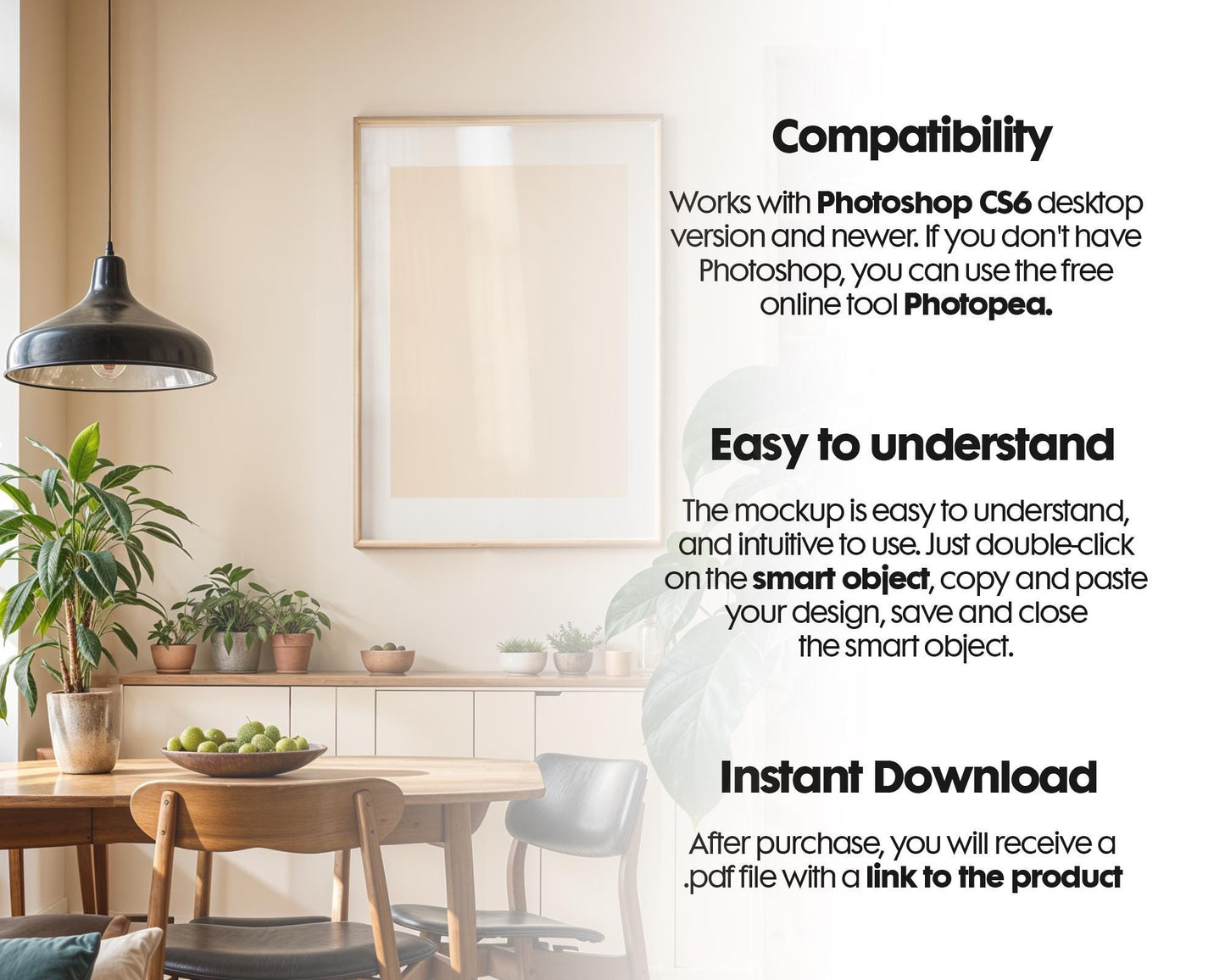 Frame Mockup in Kitchen, ISO A DIN Ratio, Thin Wood Frame, PSD Mockup, Minimal Modern Home Interior Design Mockup