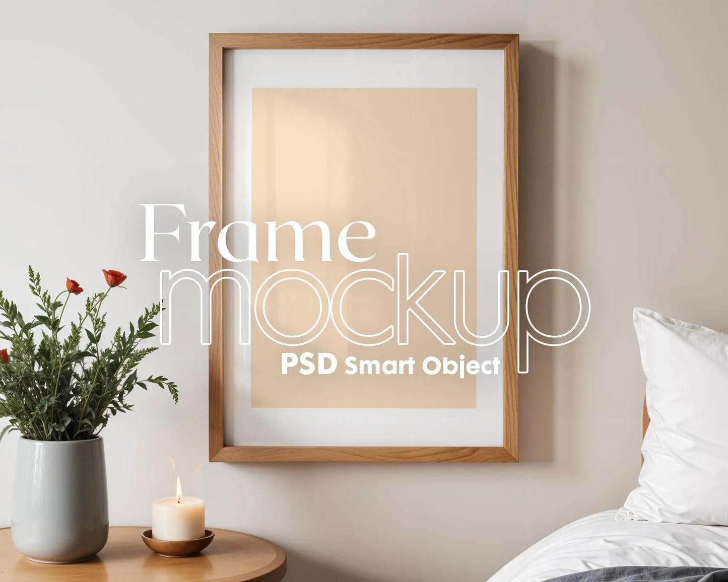 Frame Mockup in Bedroom, ISO A DIN Ratio, Thin Wood Frame, PSD Mockup, Frame Mockup Minimal Home Interior