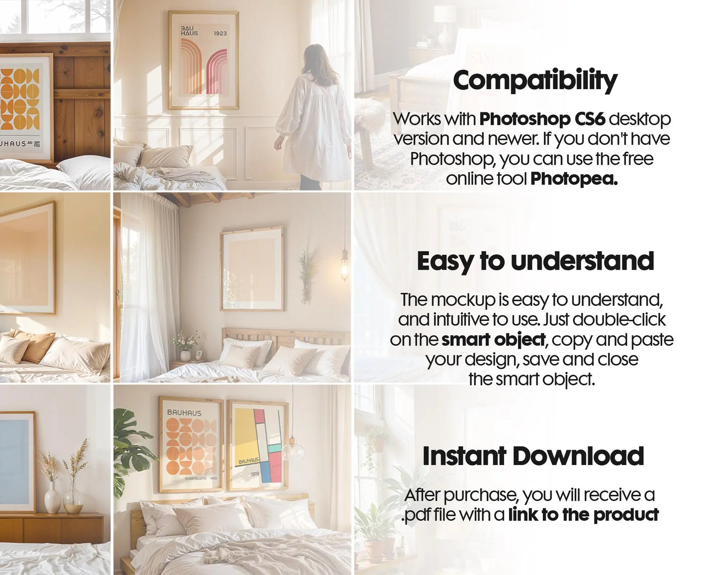 Bedroom Frame Mockup PSD Bundle - 15 Wood Frame & Wall Poster Templates for Bedroom Decor, Editable PSD Frames Set