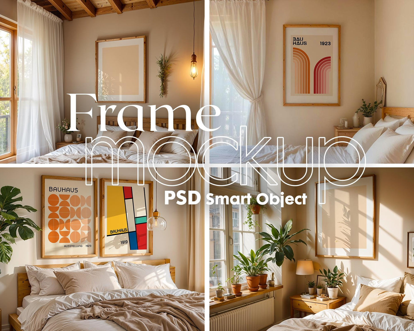Bedroom Frame Mockup PSD Bundle - 15 Wood Frame & Wall Poster Templates for Bedroom Decor, Editable PSD Frames Set