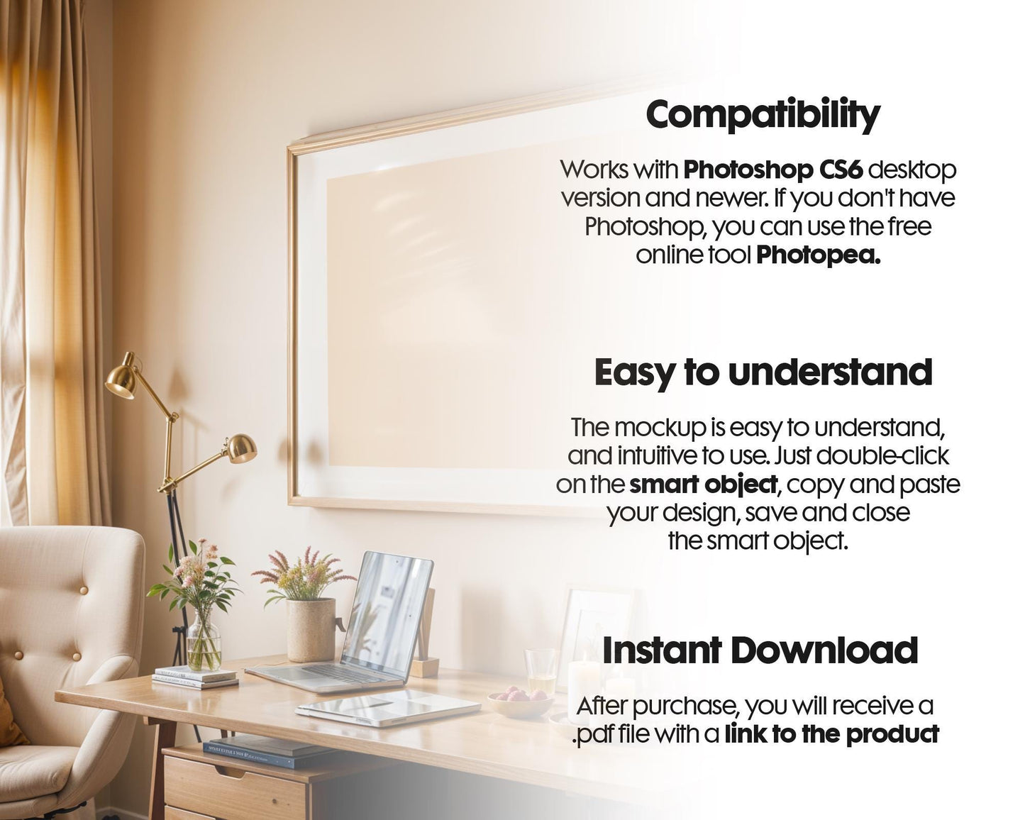 Horizontal Frame Mockup PSD, Scandinavian Wooden Frame Mockup, Poster Mockup PSD , Frame Mockup for Print, Frame Mockup Smart Object