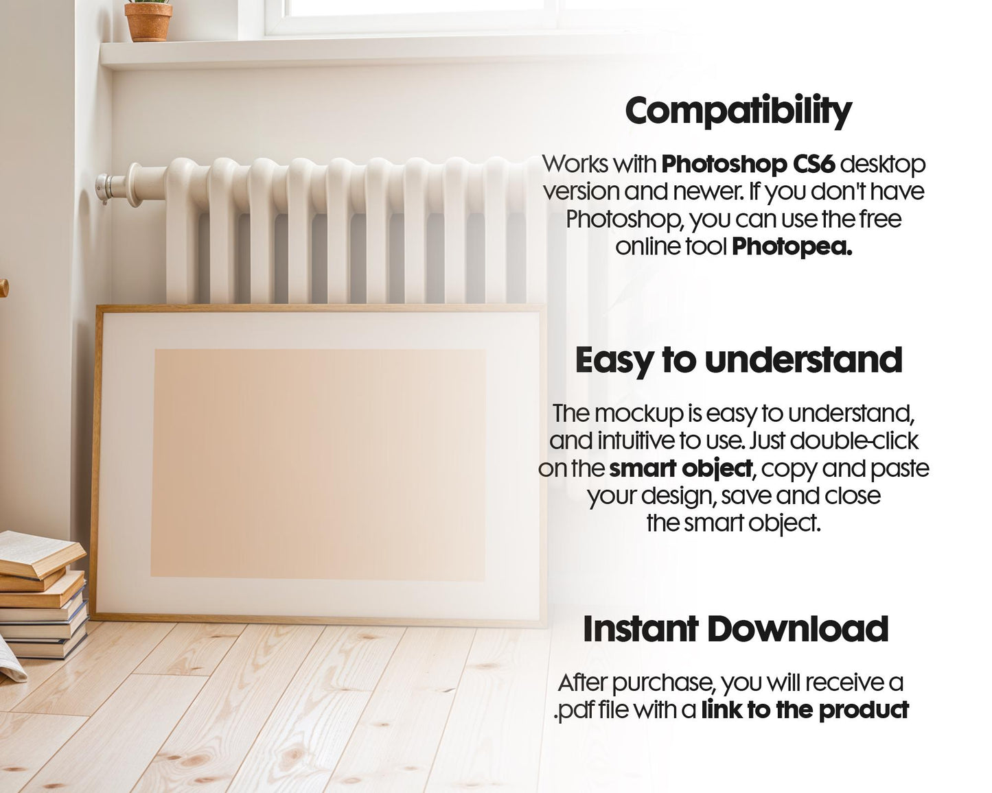 Horizontal Frame Mockup PSD, Scandinavian Wooden Frame Mockup, Poster Mockup PSD , Frame Mockup for Print, Frame Mockup Smart Object