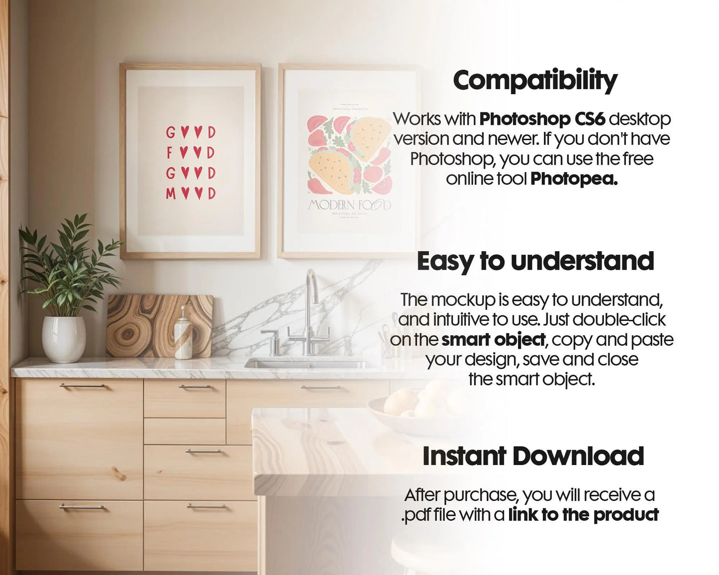 Frame Mockup in Kitchen, ISO A DIN Ratio, Thin Wood Frame, PSD Mockup, Minimal Modern Home Interior Design Mockup