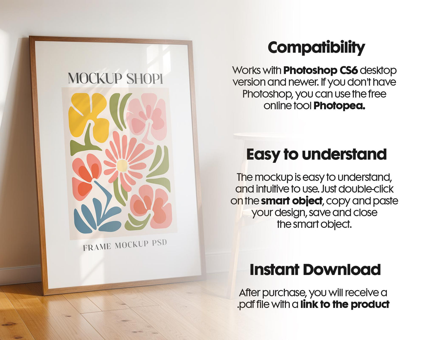 Blank Wooden Poster Frame Mockup, Minimalist Frame Mockup for Digital Download, Posters and Artwork Smart Object Instant Download