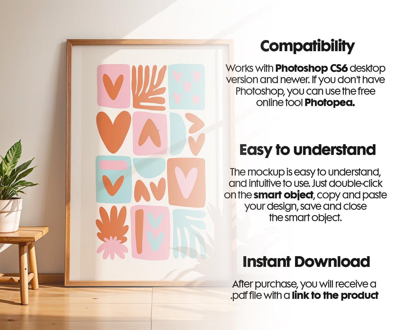 Blank Wooden Poster Frame Mockup, Room Frame Mockup, Minimalist Frame Mockup for Digital Download, Posters and Artwork Instant Download
