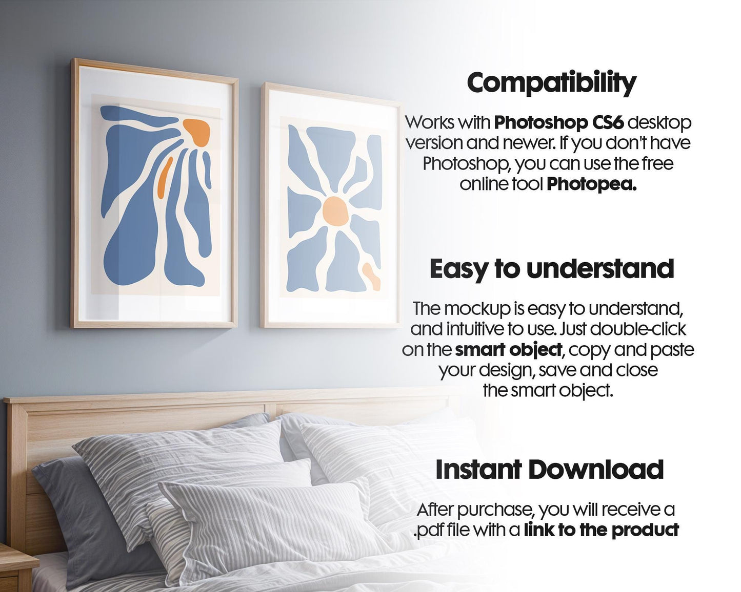 2 Frames Bedroom Mockup PSD, Mockup Frames, Double Frames Mockup, Set of 2 Mock Up, Wall Art Display, Poster Mockup, Poster Mockup PSD