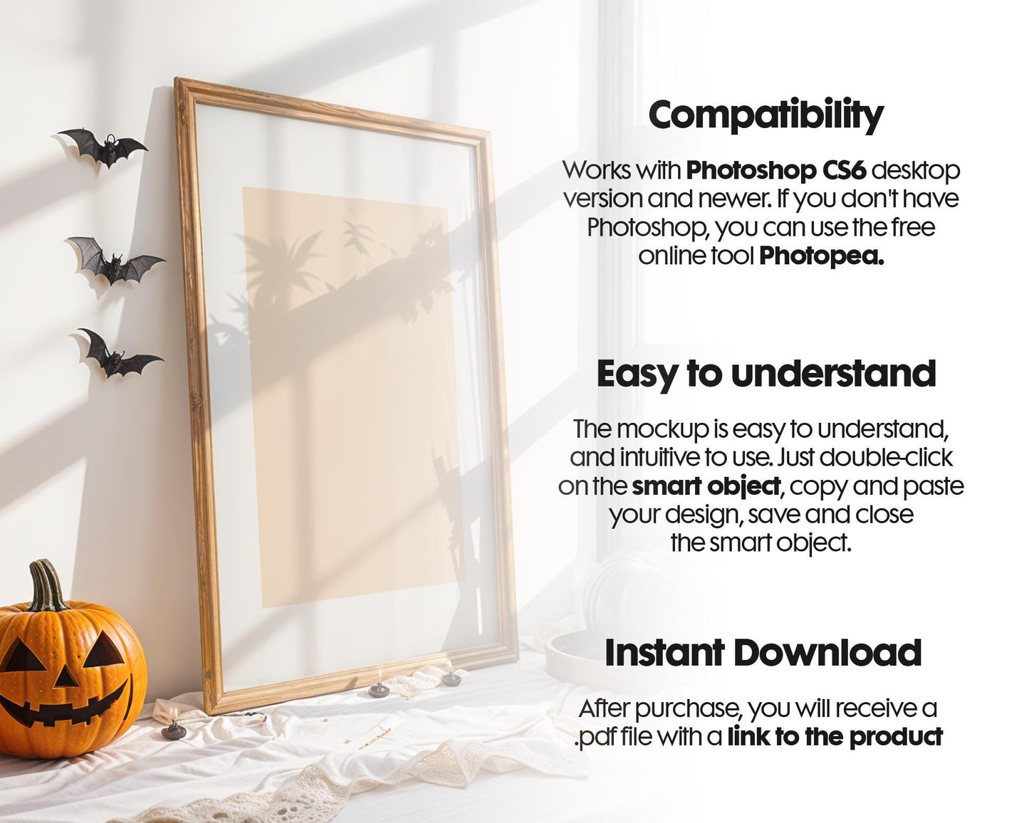 Halloween Frame Mockup PSD, Halloween Wall Art, Rustic Autumn & Pumpkins Vertical Artwork, Spooky Art Mockup,