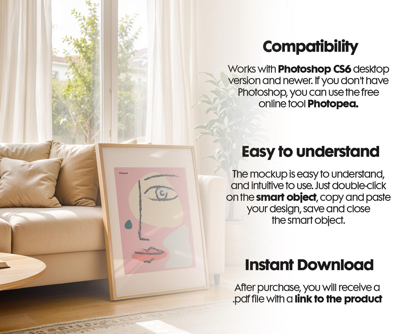 Blank Wooden Poster Frame Mockup, Minimalist Frame Mockup for Digital Download, Posters and Artwork Smart Object Instant Download
