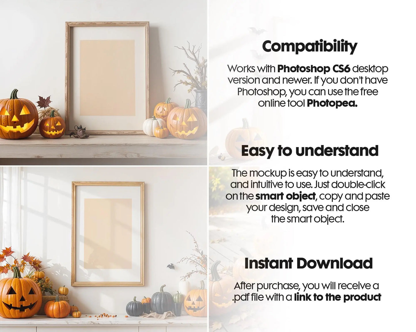 10 Halloween Frame Mockup PSD, Halloween Wall Art, Rustic Autumn & Pumpkins Vertical Artwork, Spooky Art Mockup,