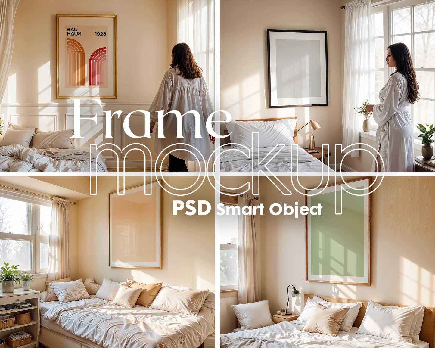 Bedroom Frame Mockup PSD Bundle - 15 Wood Frame & Wall Poster Templates for Bedroom Decor, Editable PSD Frames Set