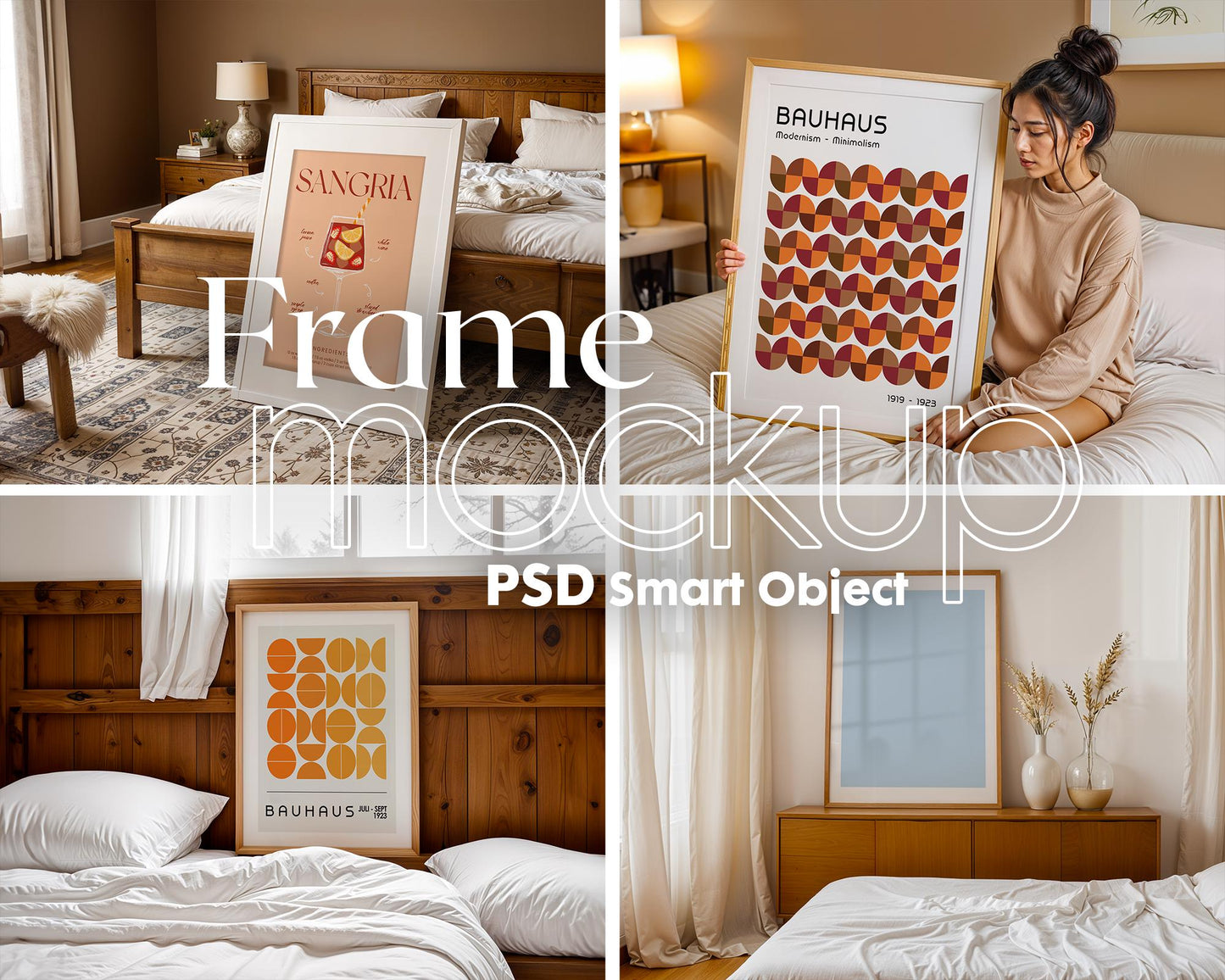 Bedroom Frame Mockup PSD Bundle - 15 Wood Frame & Wall Poster Templates for Bedroom Decor, Editable PSD Frames Set