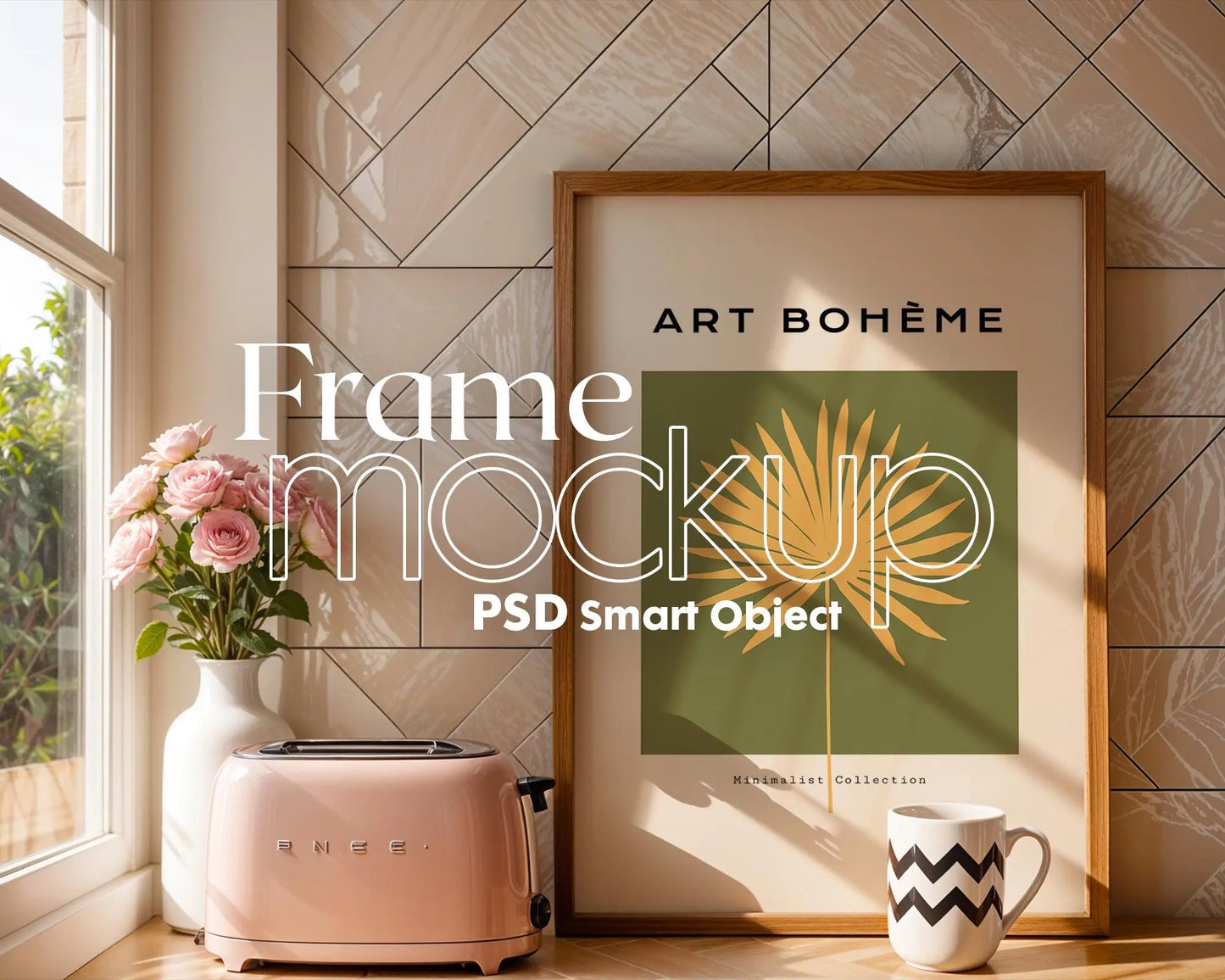 Frame Mockup in Kitchen, ISO A DIN Ratio, Thin Wood Frame, PSD Mockup, Minimal Modern Home Interior Design Mockup