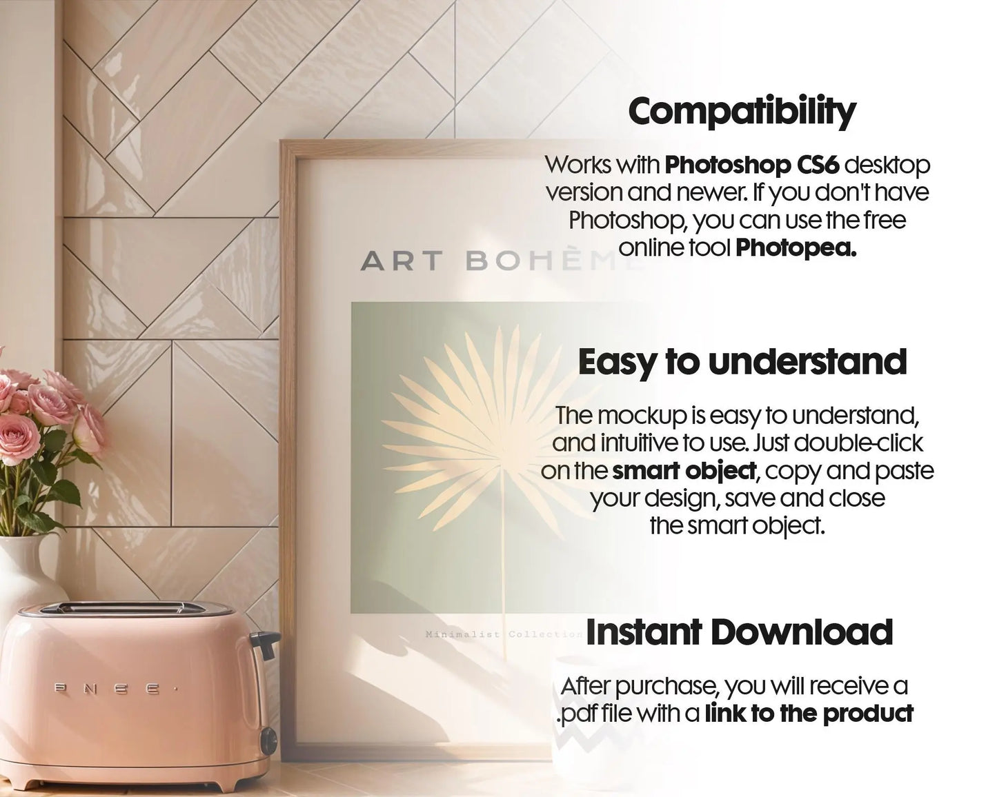 Frame Mockup in Kitchen, ISO A DIN Ratio, Thin Wood Frame, PSD Mockup, Minimal Modern Home Interior Design Mockup