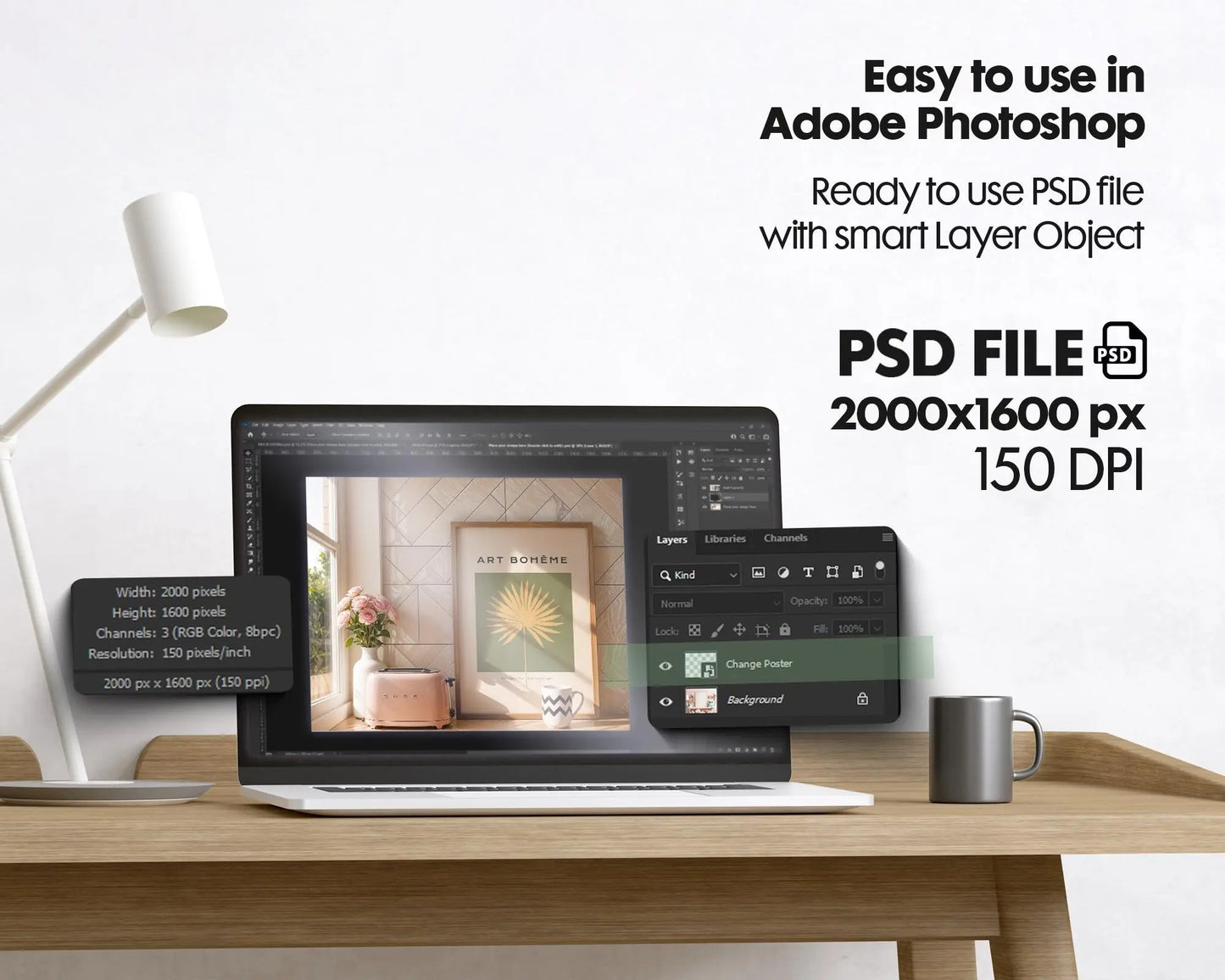 Frame Mockup in Kitchen, ISO A DIN Ratio, Thin Wood Frame, PSD Mockup, Minimal Modern Home Interior Design Mockup