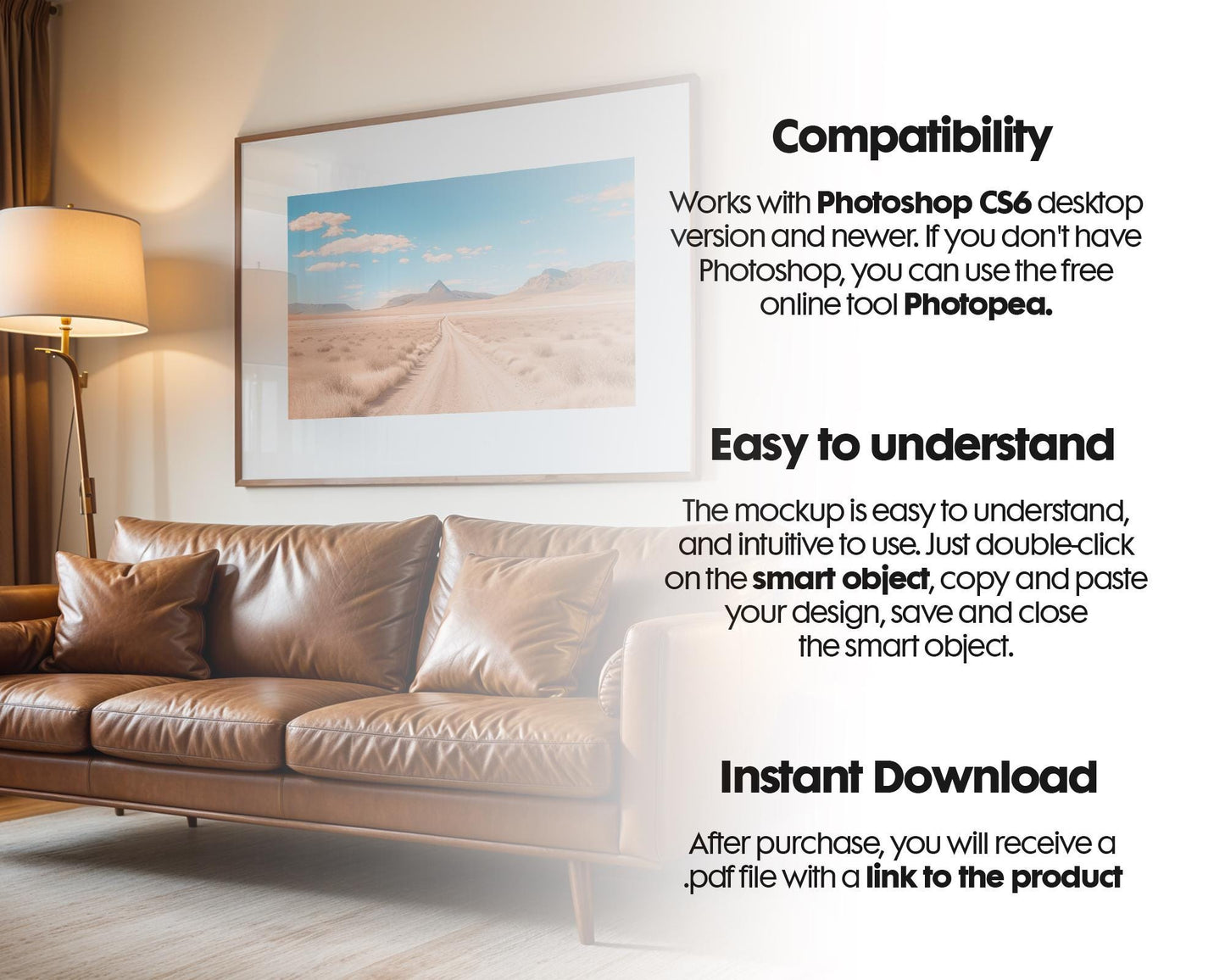 Horizontal Frame Mockup PSD, Scandinavian Wooden Frame Mockup, Poster Mockup PSD , Frame Mockup for Print, Frame Mockup Smart Object