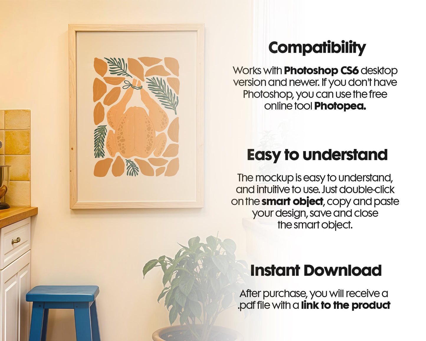 Kitchen Frame Mockup | DIN A Artwork Mockup Frames | Aesthetic Interior Vertical Wood Frame Mockup | Poster Mockup Templete PSD