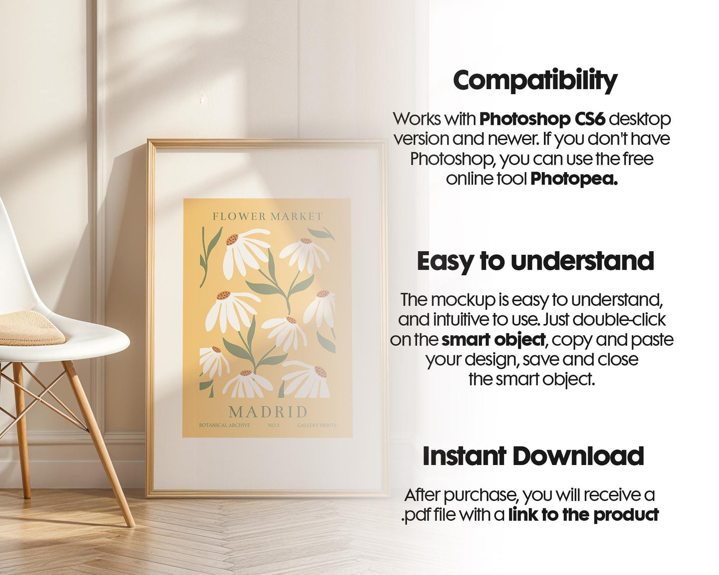 Blank Wooden Poster Frame Mockup, Minimalist Frame Mockup for Digital Download, Posters and Artwork Smart Object Instant Download