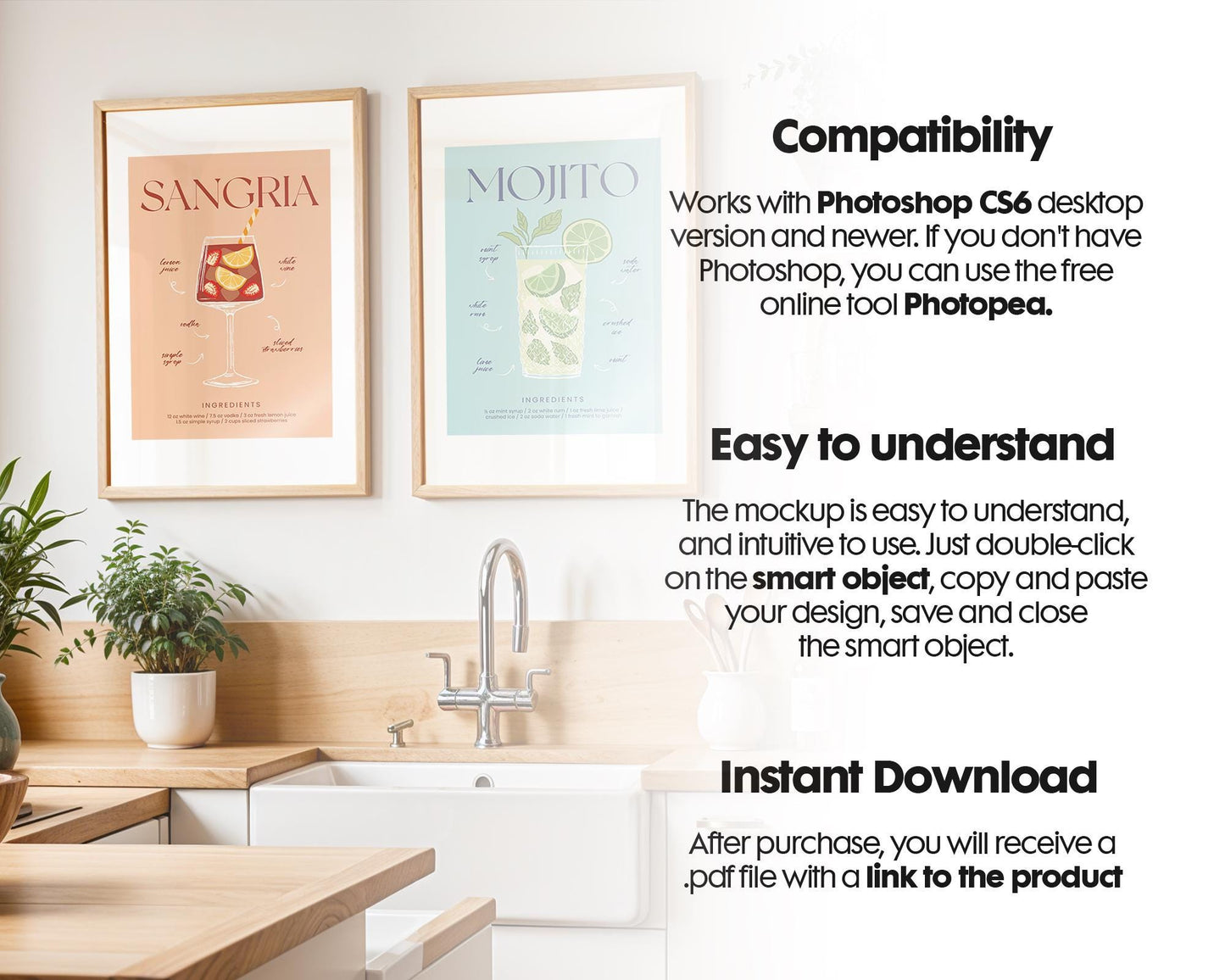 Frame Mockup in Kitchen, ISO A DIN Ratio, Thin Wood Frame, PSD Mockup, Minimal Modern Home Interior Design Mockup