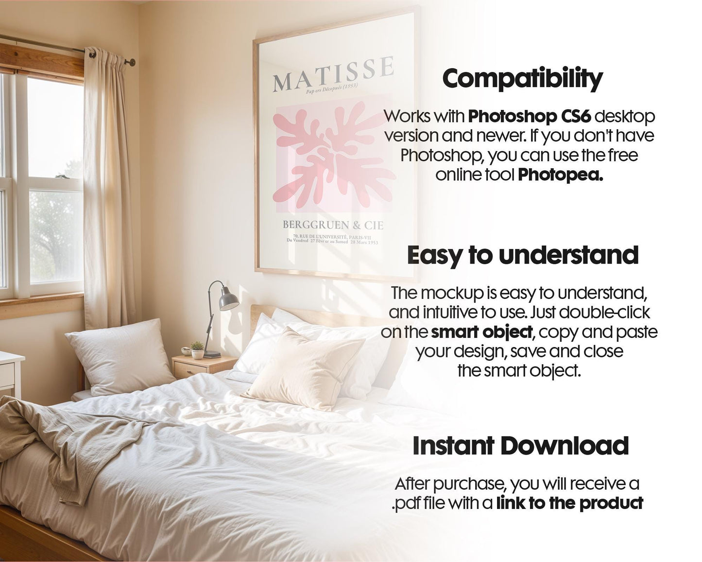 Bedroom Frame Mockup PSD, Soft Aesthetic Bedroom Mockup Frame, Vertical Frame Mockup Bedroom, Glass Reflection Mockup, PSD Smart Object