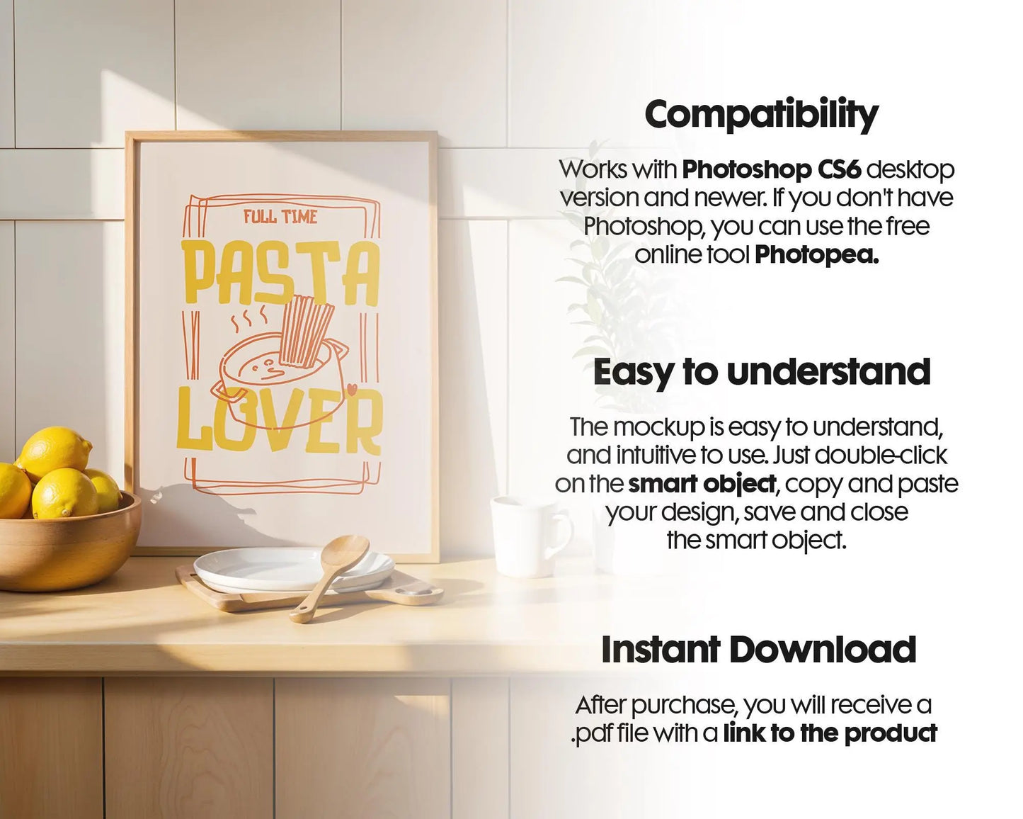 Frame Mockup in Kitchen, ISO A DIN Ratio, Thin Wood Frame, PSD Mockup, Minimal Modern Home Interior Design Mockup