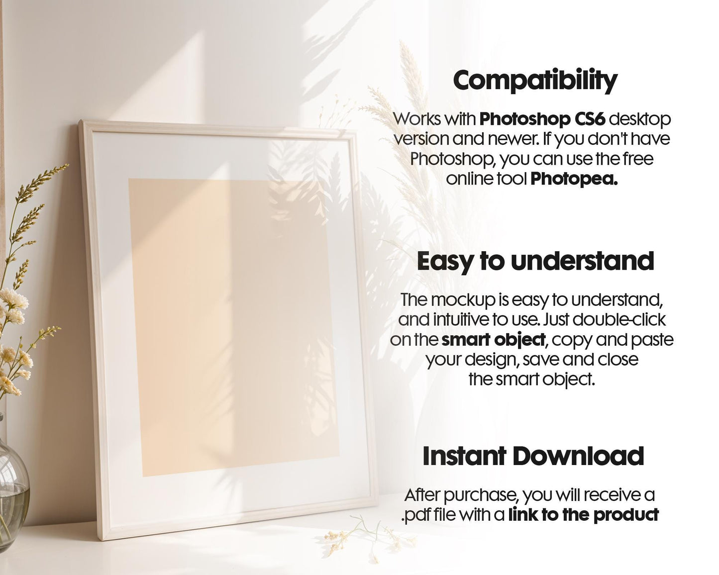 Blank Wooden Poster Frame Mockup, Minimalist Frame Mockup for Digital Download, Posters and Artwork Smart Object Instant Download
