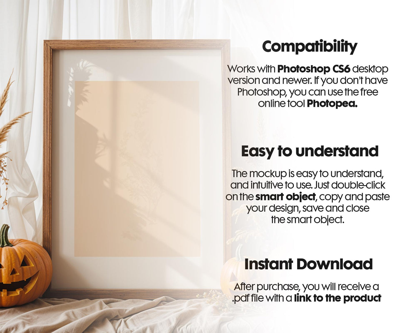 Halloween Frame Mockup PSD, Halloween Wall Art, Rustic Autumn & Pumpkins Vertical Artwork, Spooky Art Mockup,