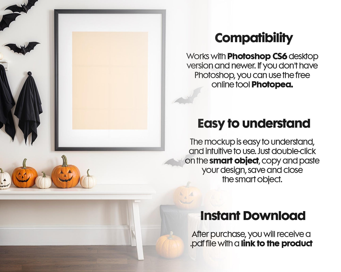 Halloween Frame Mockup PSD, Halloween Wall Art, Rustic Autumn & Pumpkins Vertical Artwork, Spooky Art Mockup,