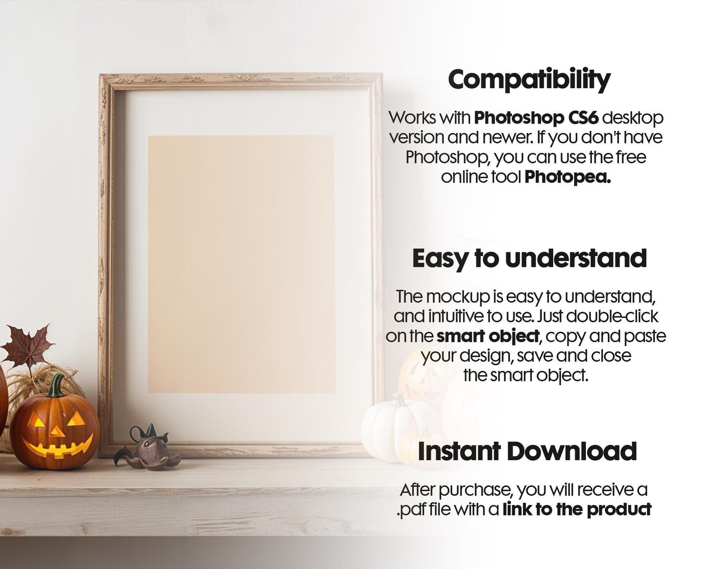 Halloween Frame Mockup PSD, Halloween Wall Art, Rustic Autumn & Pumpkins Vertical Artwork, Spooky Art Mockup,