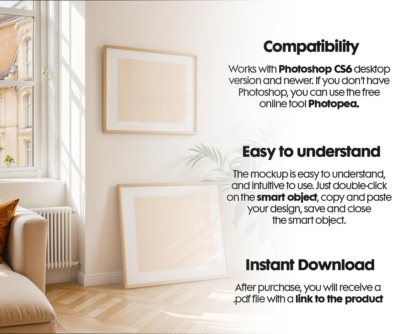 Scandinavian Interior Poster Horizontal Frame Mockup, Minimalist Decor Frame Mockup for Digital Download,