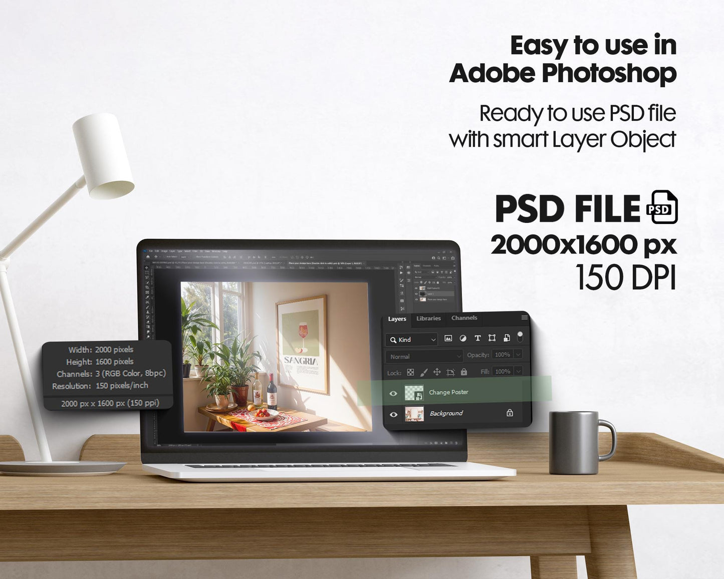 Frame Mockup in Kitchen, ISO A DIN Ratio, Thin Wood Frame, PSD Mockup, Minimal Modern Home Interior Design Mockup