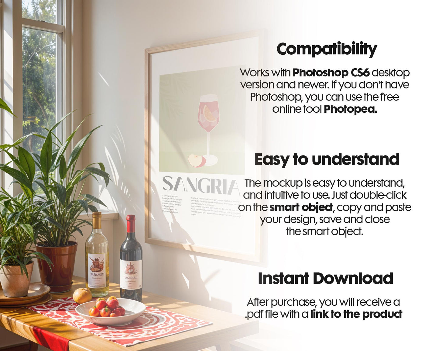 Frame Mockup in Kitchen, ISO A DIN Ratio, Thin Wood Frame, PSD Mockup, Minimal Modern Home Interior Design Mockup
