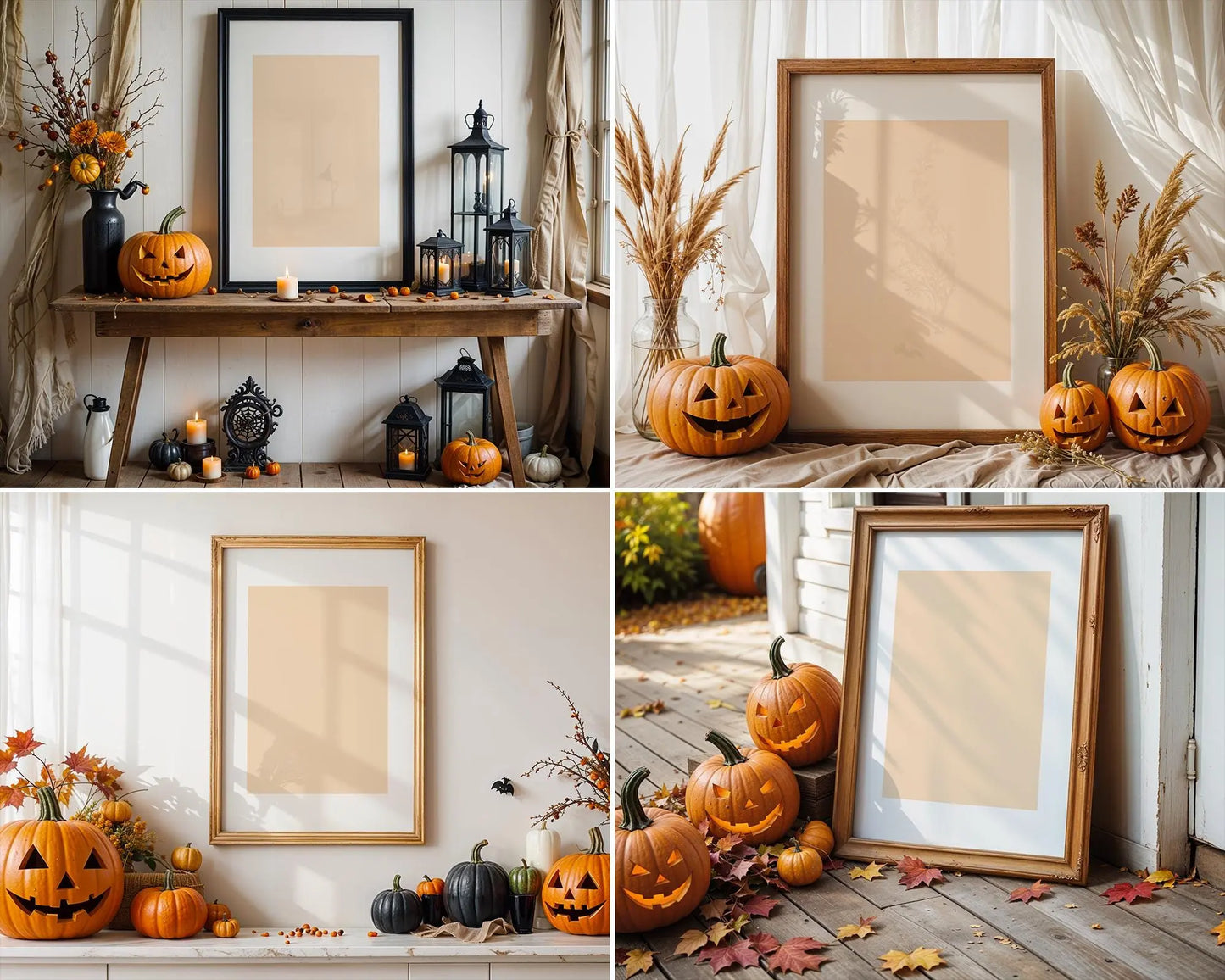 10 Halloween Frame Mockup PSD, Halloween Wall Art, Rustic Autumn & Pumpkins Vertical Artwork, Spooky Art Mockup,
